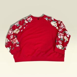 SHEIN Red Floral Sleeve Crewneck Sweater (2XL)